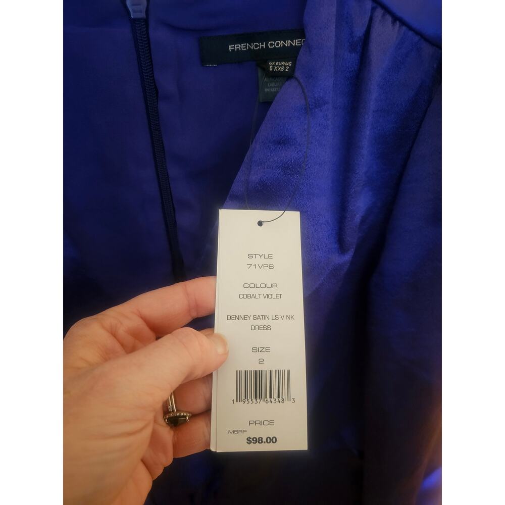 NWT French Connection Denney Satin V-Neck Mini Dress Cobalt Violet Size 2 - Picture 5 of 5